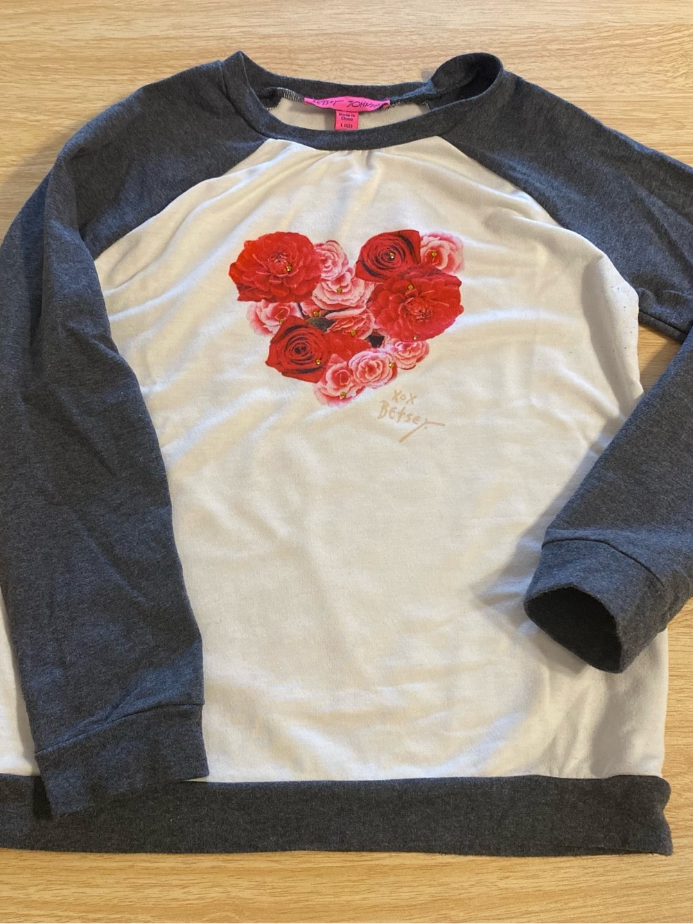Betsey Johnson White & Charcoal Raglan Top with Red Pink Floral Heart